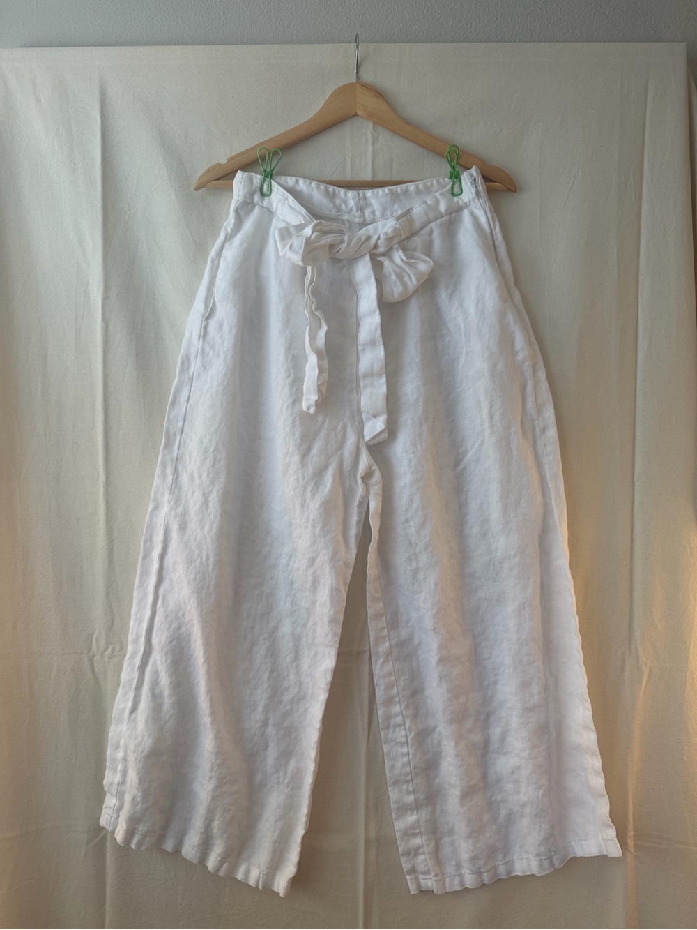 White Linen Wide-Leg Tie-Waist Pants 13” Across Waist